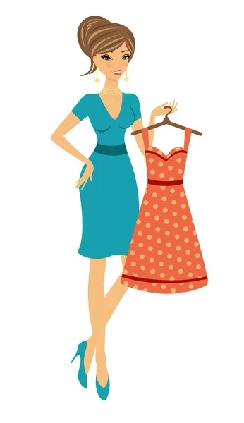 A vector illustration of a beautiful young woman shopping for a dress — Stock Vector