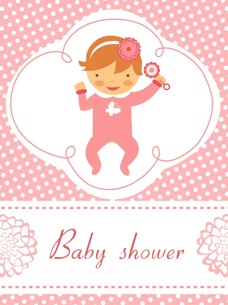 Tarjeta de ducha de bebé con bebé niña sosteniendo sonajero — Archivo Imágenes Vectoriales