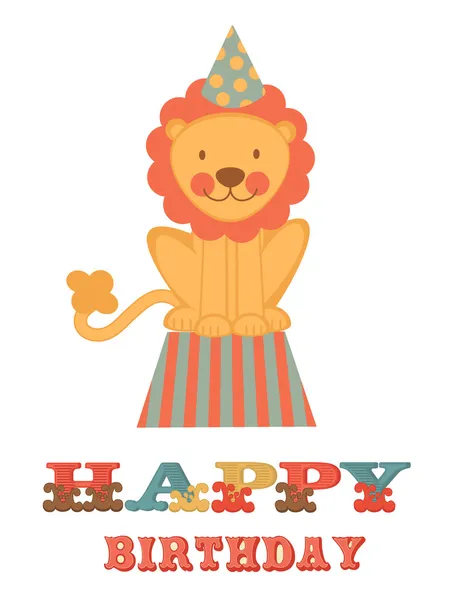 Tarjeta de feliz cumpleaños con león — Vector de stock