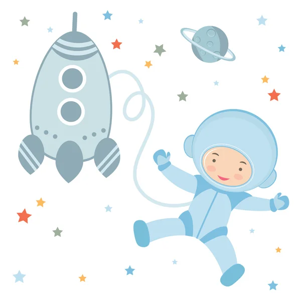 Cute little astronaut in outer space — Stock Vector