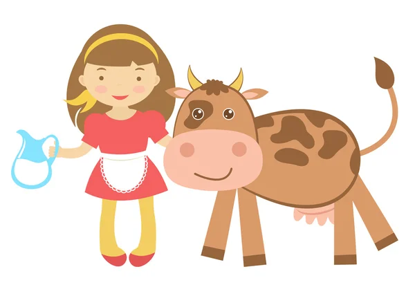 Симпатичная девушка с коровой — стоковый вектор