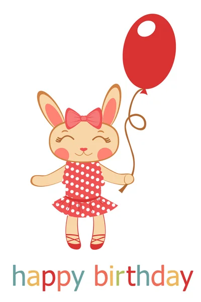 Carte d'anniversaire avec lapin fille tenant ballon — Image vectorielle