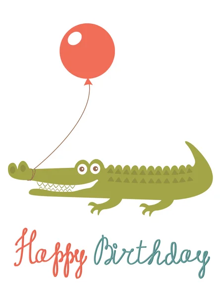 Joyeux anniversaire carte avec alligator tenant ballon — Image vectorielle