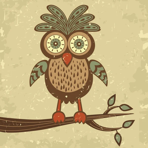 Chouette hibou de style rétro sur une branche — Image vectorielle