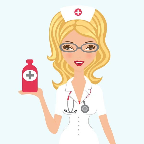 Beautiful doctor holding medicine — Stock Vector