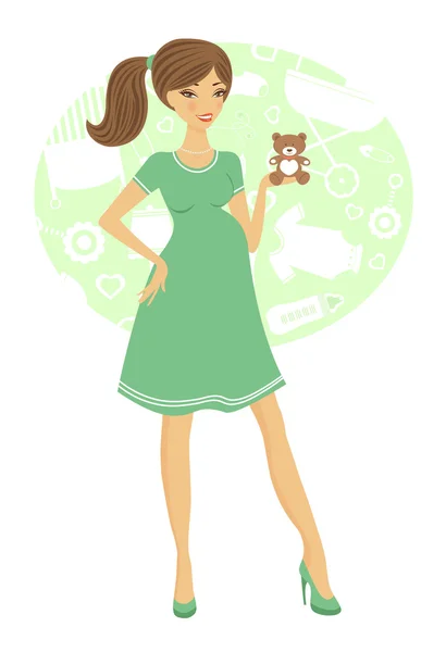 Chic pregnant woman holding teddy bear — Stock Vector