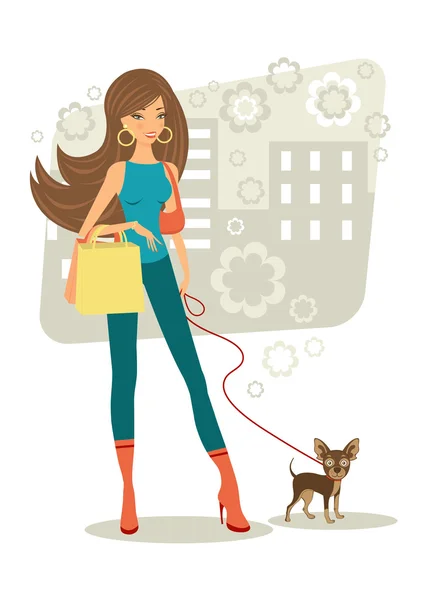 Beautiful woman shopping with little dog — Stock Vector