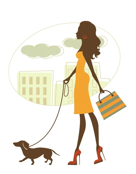 Hermosa mujer caminando con dachshund — Vector de stock