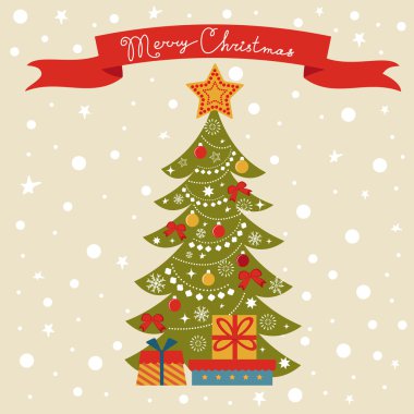 Yılbaşı kartında Noel ağacı var.