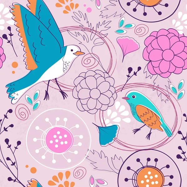 Patrón con pájaros y flores — Vector de stock