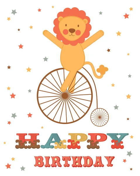 Carte d'anniversaire avec lion sur roue — Image vectorielle