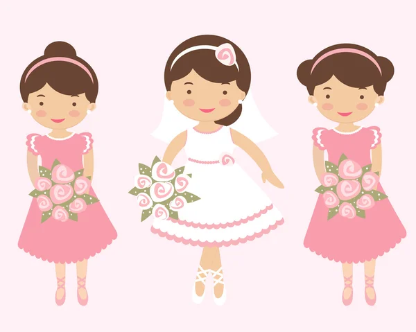 Hermosa novia con dos damas de honor — Vector de stock