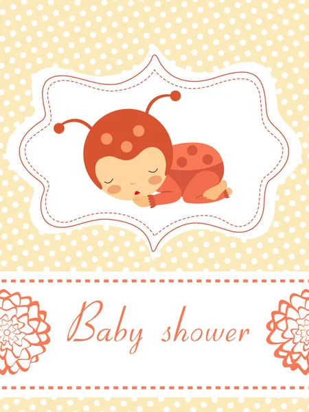Kaart van de douche van de baby met baby-lieveheersbeestje meisje slapen — Stockvector