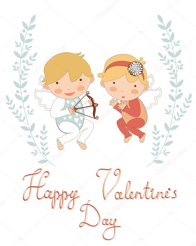 Valentine`s day greeting card with cupids