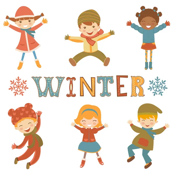 Winter kinderen springen — Stockvector