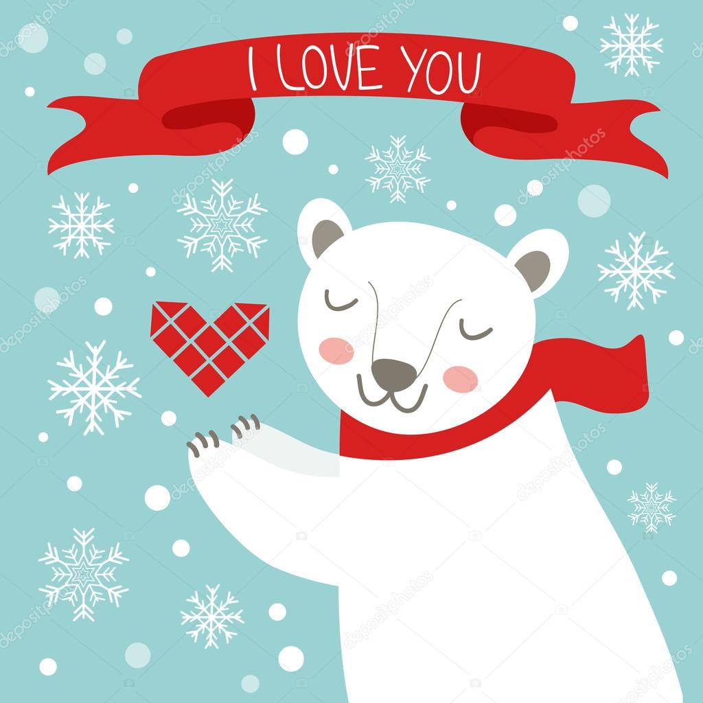Valentine`s day card with cute polar bear