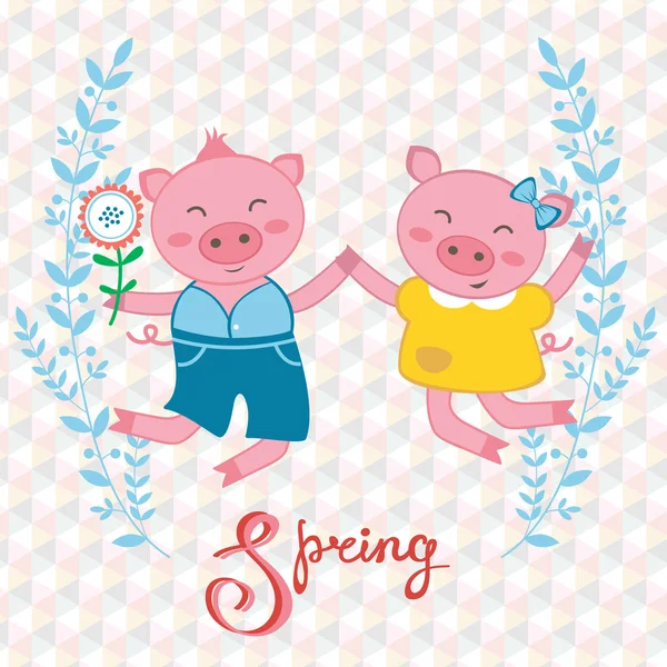 Happy pigs couple jumping — Stock Vector