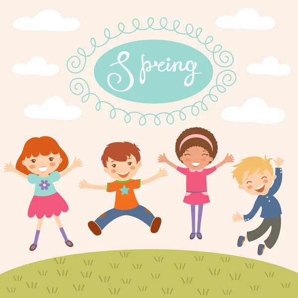 Lente kinderen springen — Stockvector