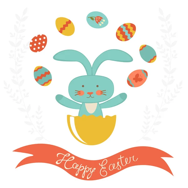 Easter rabbit hatching and juggling with Easter eggs — Stock Vector