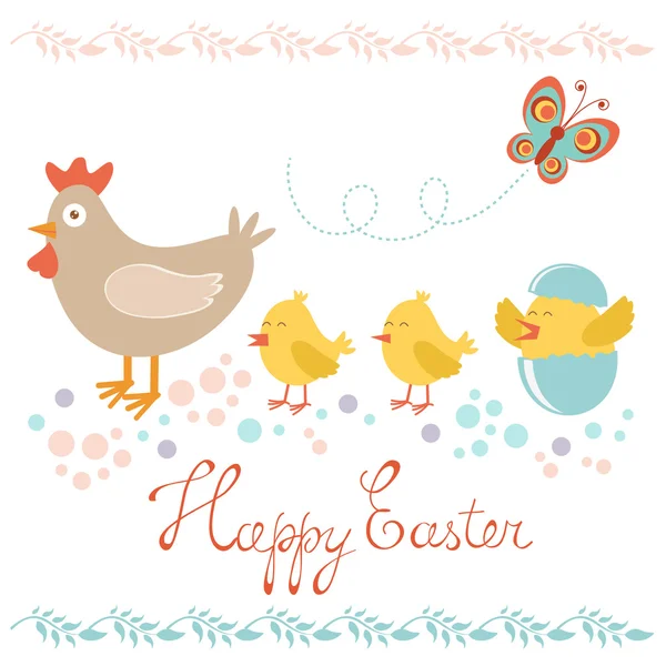 Tarjeta de Pascua con pollo y pollitos — Vector de stock