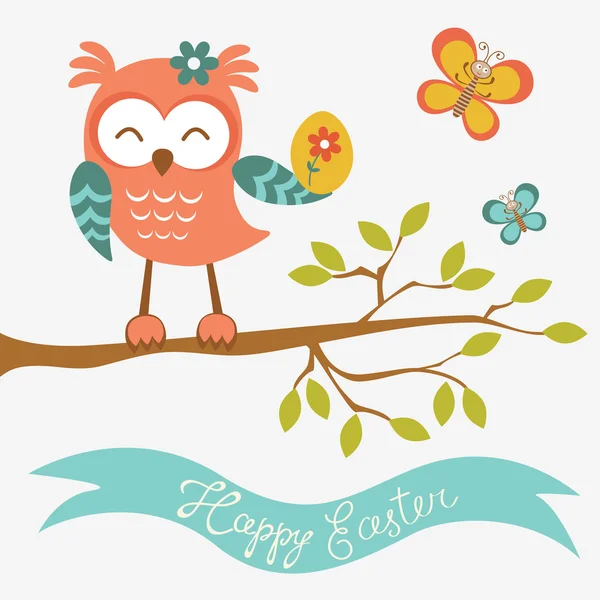 Happy Easter owl sitting on a branch — Stock Vector