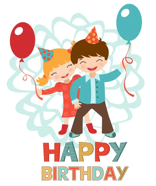 Tarjeta de cumpleaños con niños felices — Vector de stock