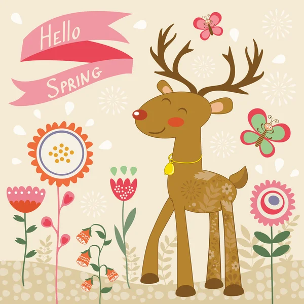 Hello spring card with deer — Stock Vector