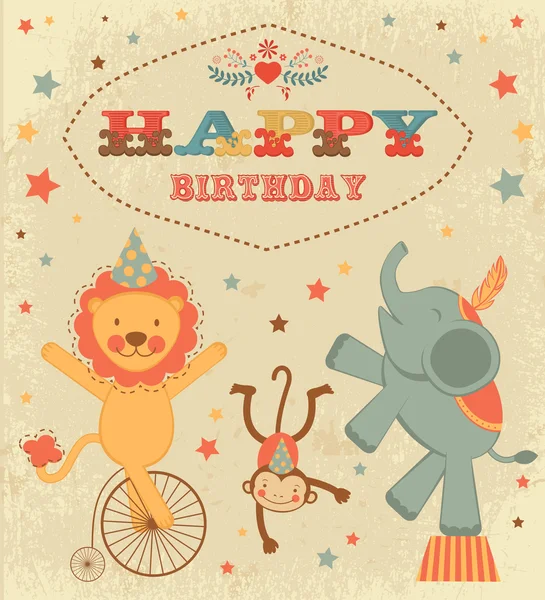 Tarjeta de cumpleaños con animales de circo — Vector de stock