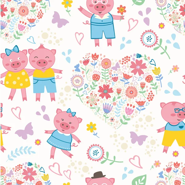 Seamless pattern with cute pigs — Stock Vector