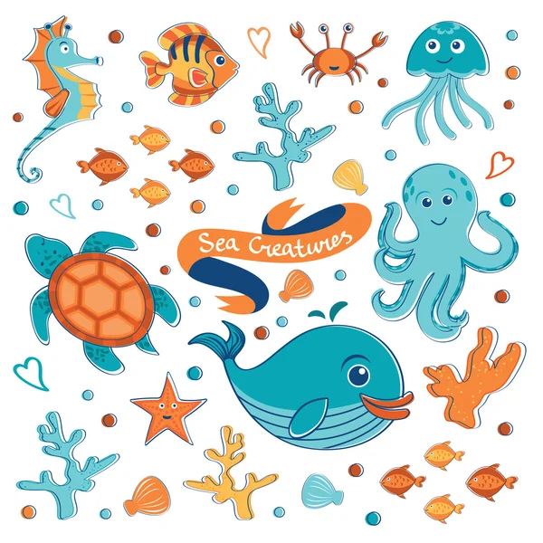 Sea creatures collection — Stock Vector