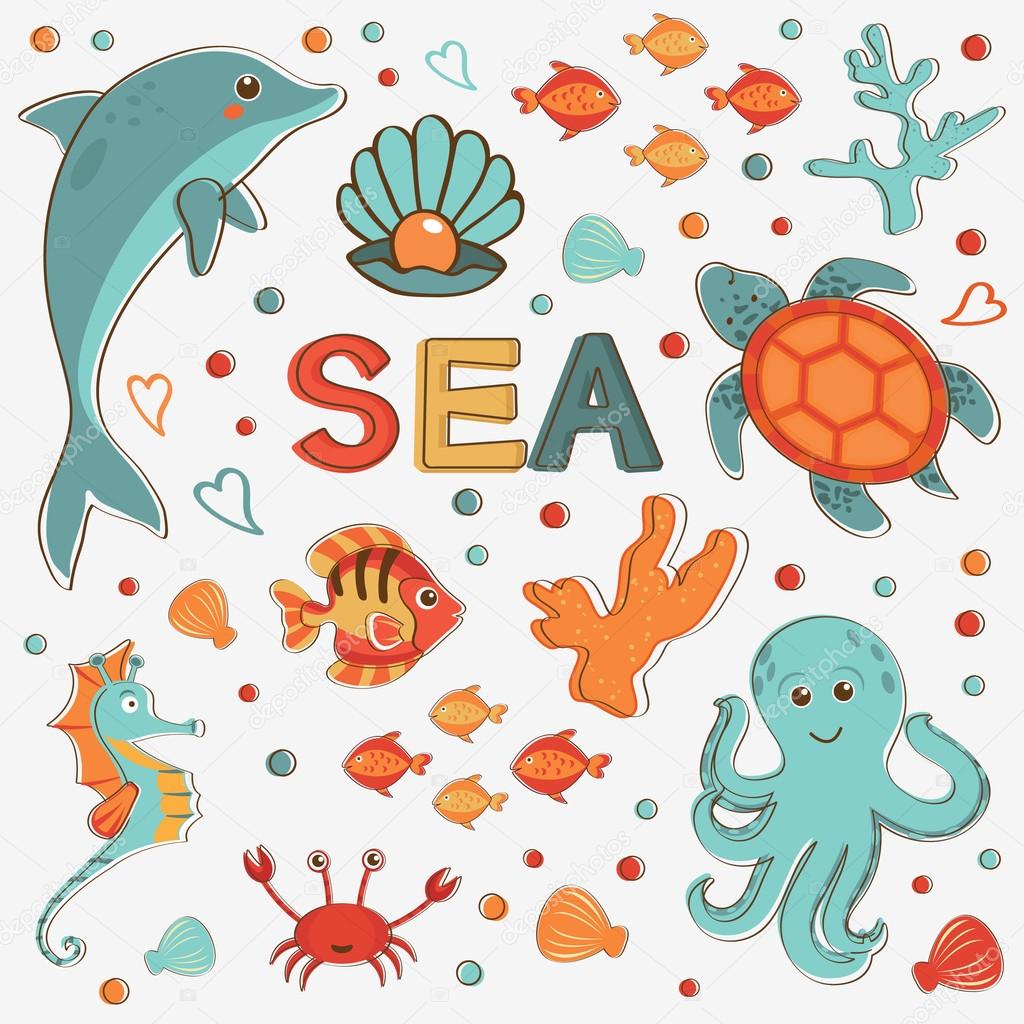 Sea creatures colorful collection