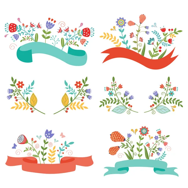 Banderas y cintas florales — Vector de stock