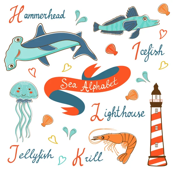 Cute colorful sea alphabet — Stock Vector