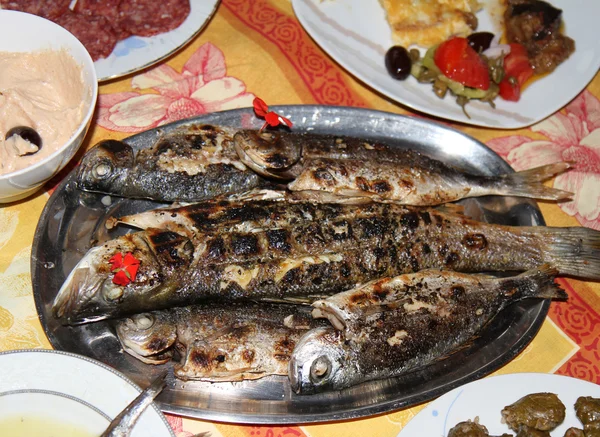 Gegrillter Fisch und griechische Häppchen — Stockfoto