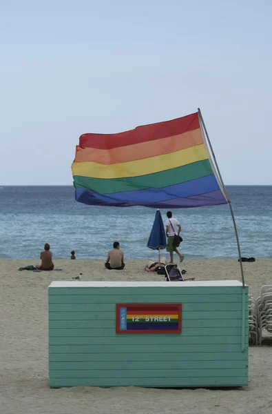 Bandeira do arco-íris acenando na 12th Street de South Beach, Miami, Flórida — Fotografia de Stock