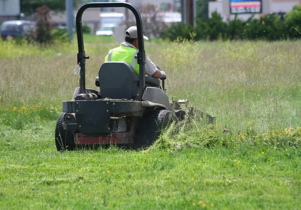 Homem cortando gramado com um passeio no cortador de grama Fotos De Bancos De Imagens Sem Royalties