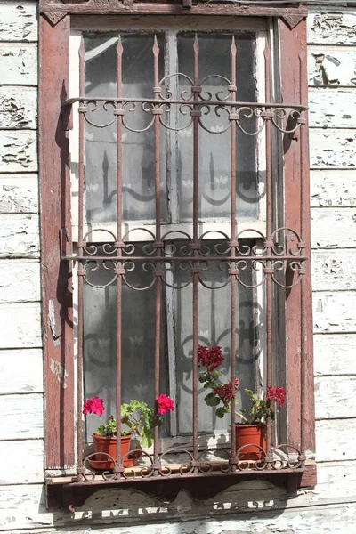 有花的土耳其那栋旧房子的窗户 — 图库照片