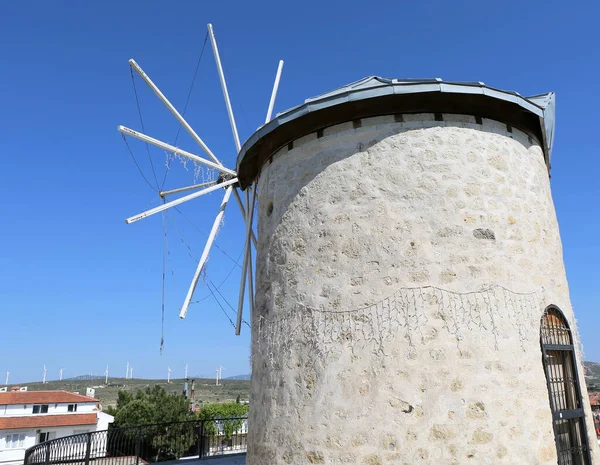 Old Greek Windmill New Wind Turbines Alacati Turkey — Stock Photo, Image