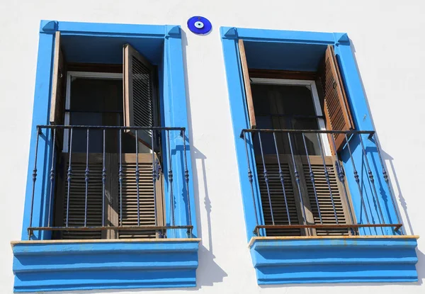 Windows Brown Shutters Blue Frames Urla Izmir Turkey —  Fotos de Stock