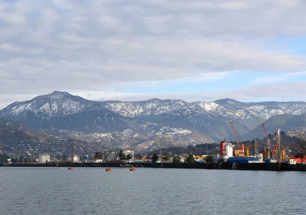 Batumi Georgia December Cloudy Sky Snowy Mountains Port December 2021 — Stock Photo, Image