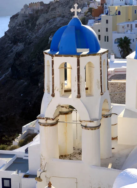 Blue Bell Tower White Cross Santorini Greece — Stockfoto
