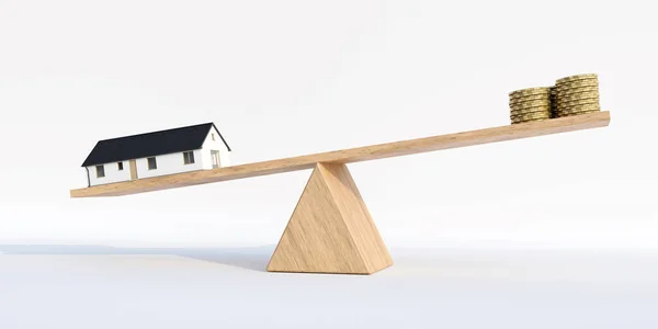 House Balance Money Wooden Scale Concept Saving House — Stock Photo, Image