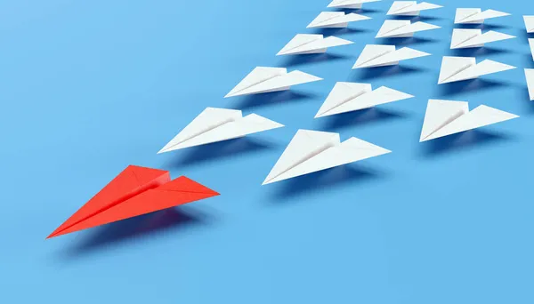 Red Paper Plane Leader Others Plain Blue Background — Stock Photo, Image