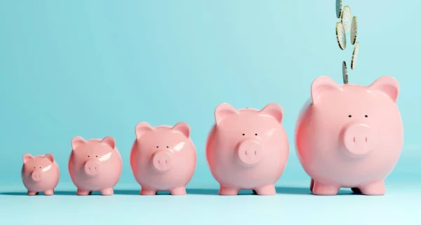 Line Increasing Piggy Banks Coins Falling Largest — Stock Photo, Image