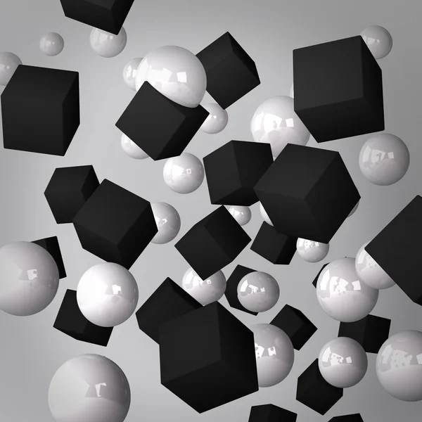 抽象灰色背景所作的黑色多维数据集和白色的圆球 — 图库照片