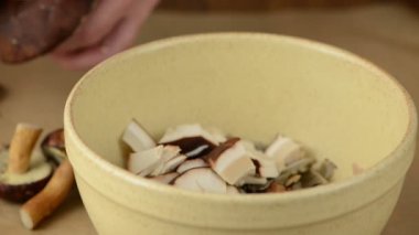 yabani mantar bıçakla temizlenmiş ve bir kase içinde küçük parçalar halinde kesilmiş.