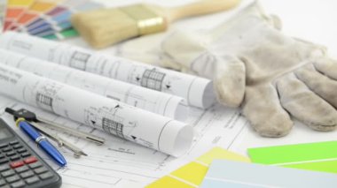ev geliştirme planları ve boya fırçası için renk örneği