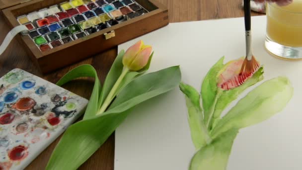 Schilderen met penseel oranje tulip bud in aquarellen en schoonmaken van het penseel in waterglas. — Stockvideo