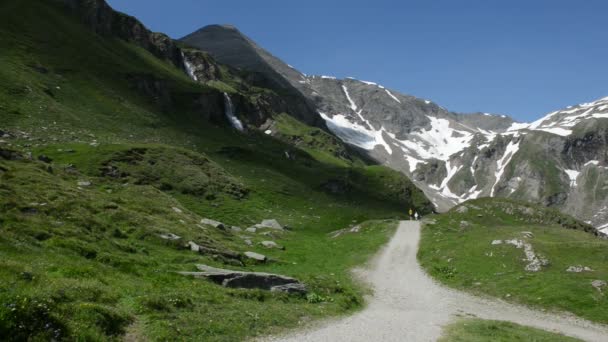 Pessoas andando em um parth em Grossglockner High Alpine Road — Vídeo de Stock