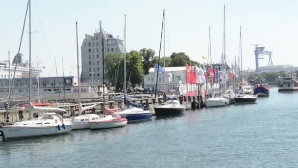 Marina of Warnemuende and parts of the old town can be seen. — Stock Video